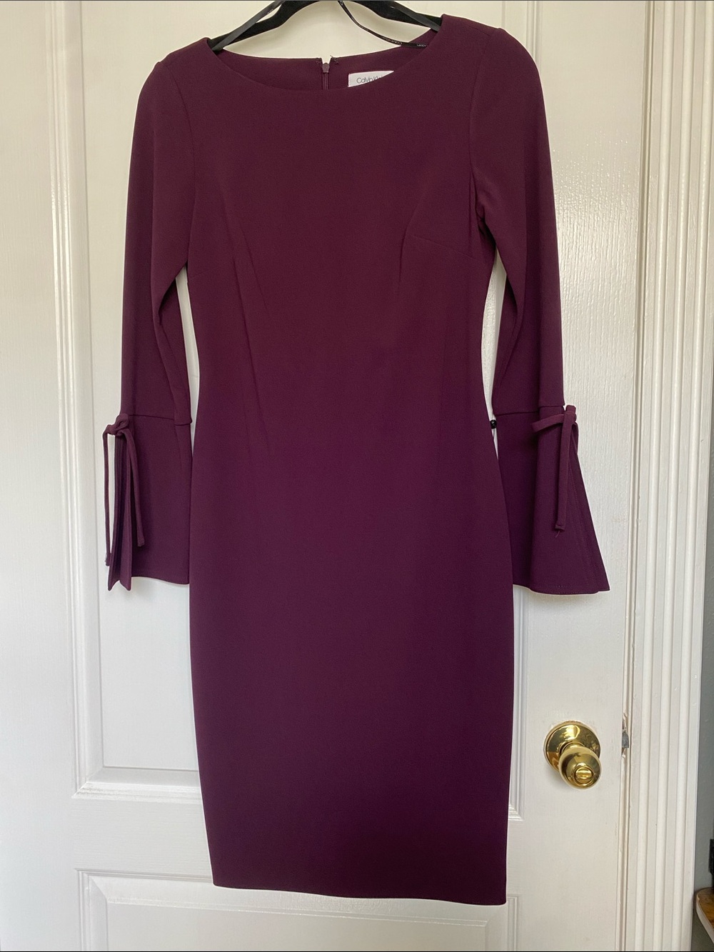Calvin Klein Long Sleeve Plum Sheath Dress with Tie Cuffs
